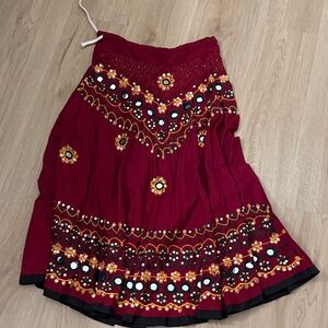 Chic Embroidered Burgundy A-Line Skirt